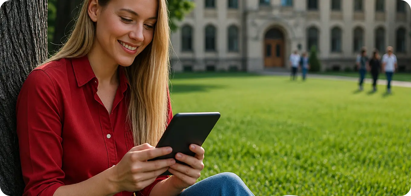 Estudante brasileira usando tablet em campus universitário durante intercâmbio na Austrália